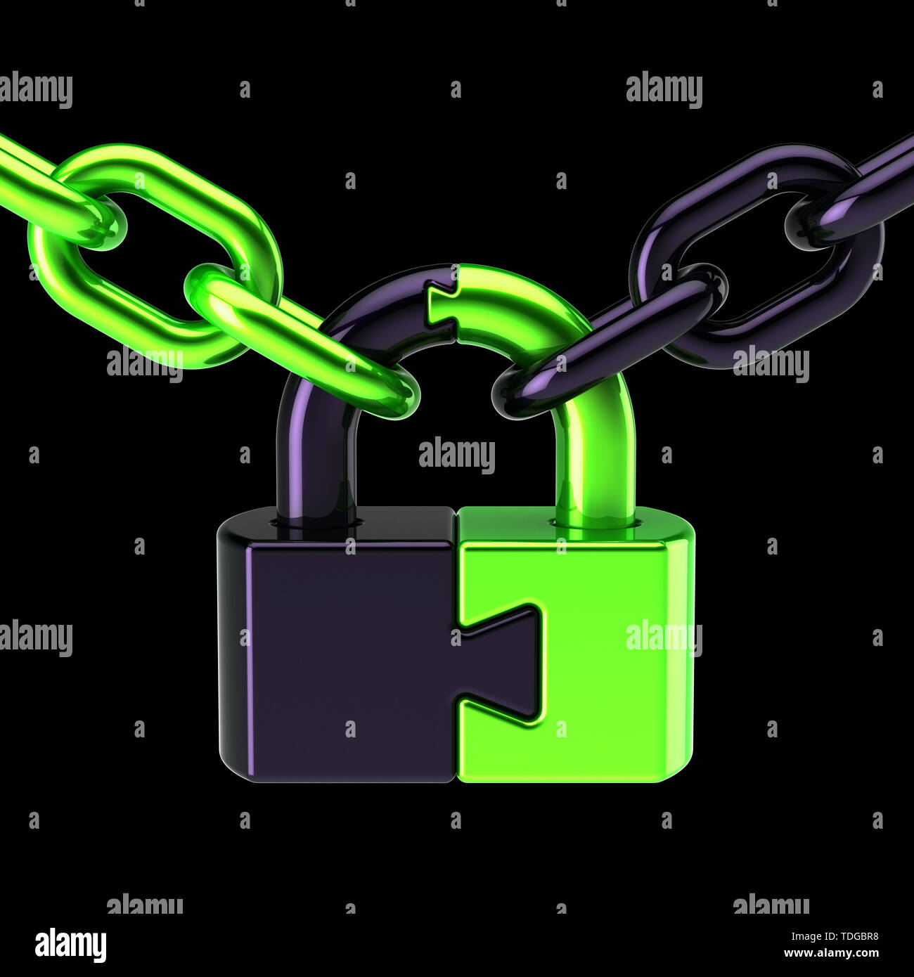 Lock closed puzzle padlock with chain. Security protection concept. 3d