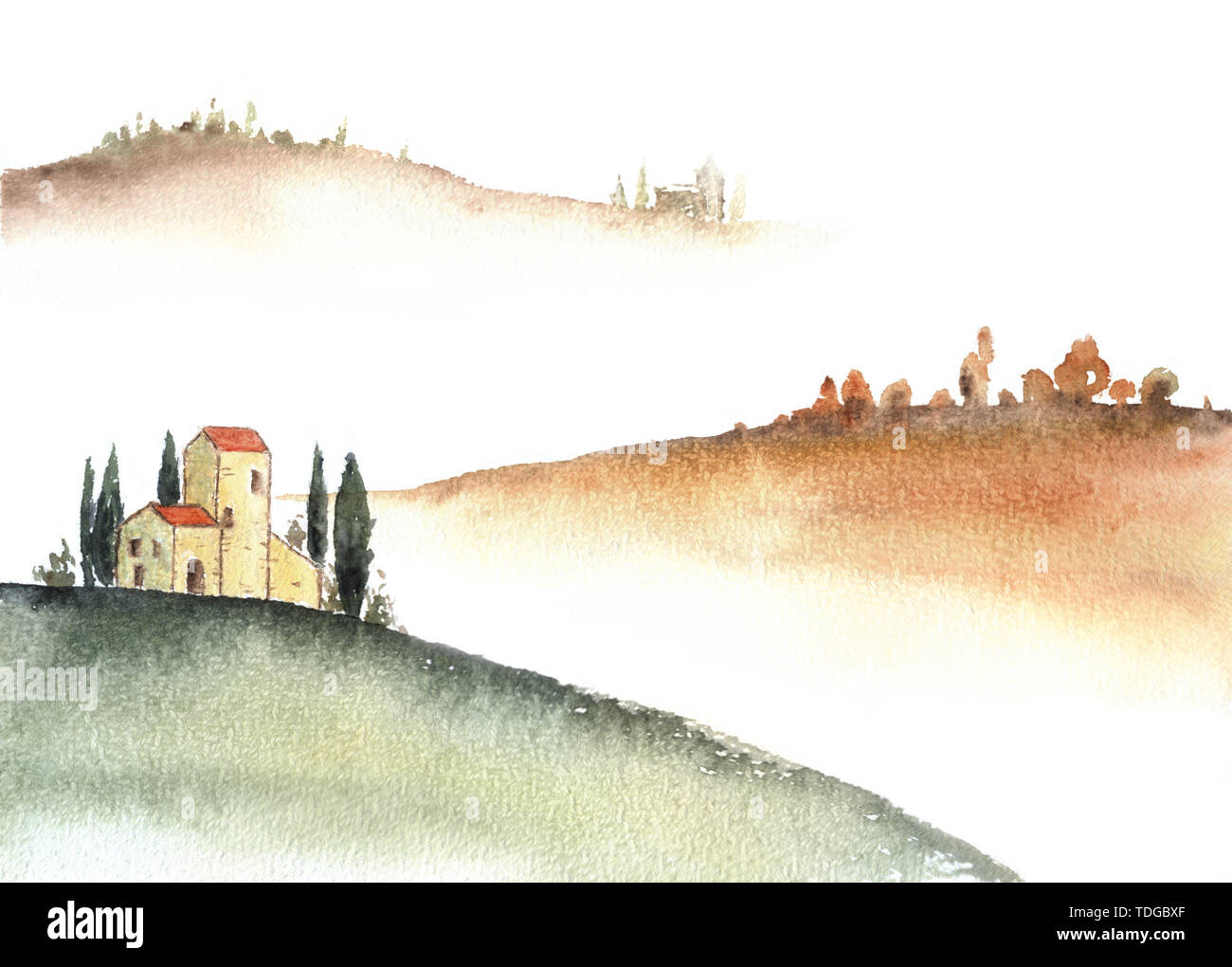 Tuscan villa and distant hills landscape watercolor painting. Great for  greeting cards or texture design or decoration Stock Photo - Alamy