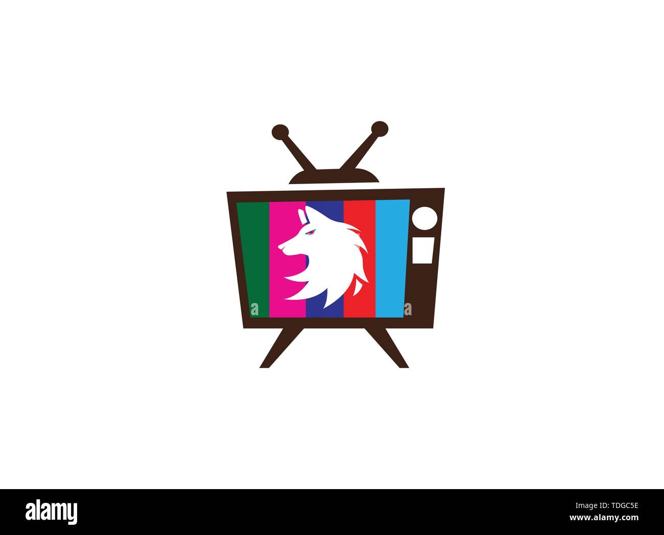 Wolf head logo fox face illustration design illustration in a old tv shape colors icon Stock Vector