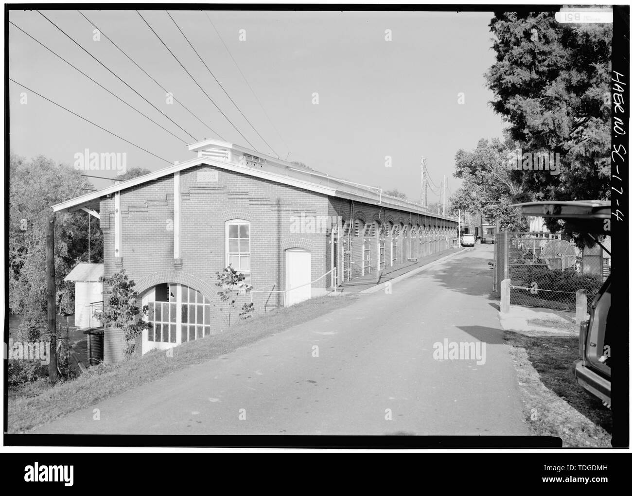 NORTHEAST AND SOUTHEAST SIDE ELEVATIONS, LOOKING WEST - Columbia Canal and Power Plant, Waterfront of Broad River, Columbia, Richland County, SC; Columbia Water Power Company; South Carolina Electric and Gas Company; Southern Railway; Cary, Brian, transmitter Stock Photo