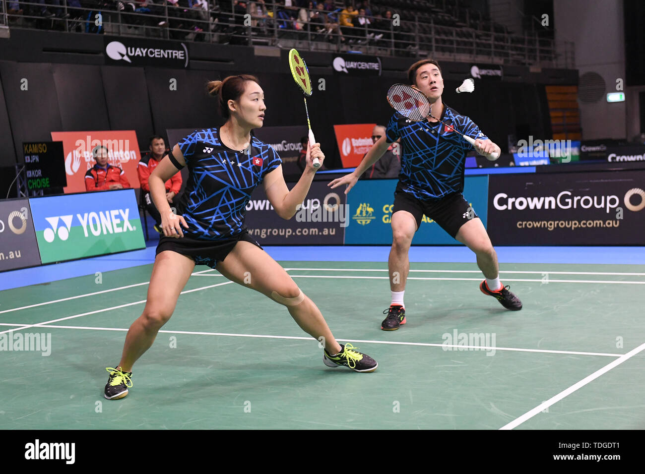 Tang Chun Man and Tse Ying Suet (Hong Kong) seen in action during the 2019 Australian Badminton Open Doubles Semi-finals match against Wang Yilyu and Huang Dongping (China). Tang and Tse