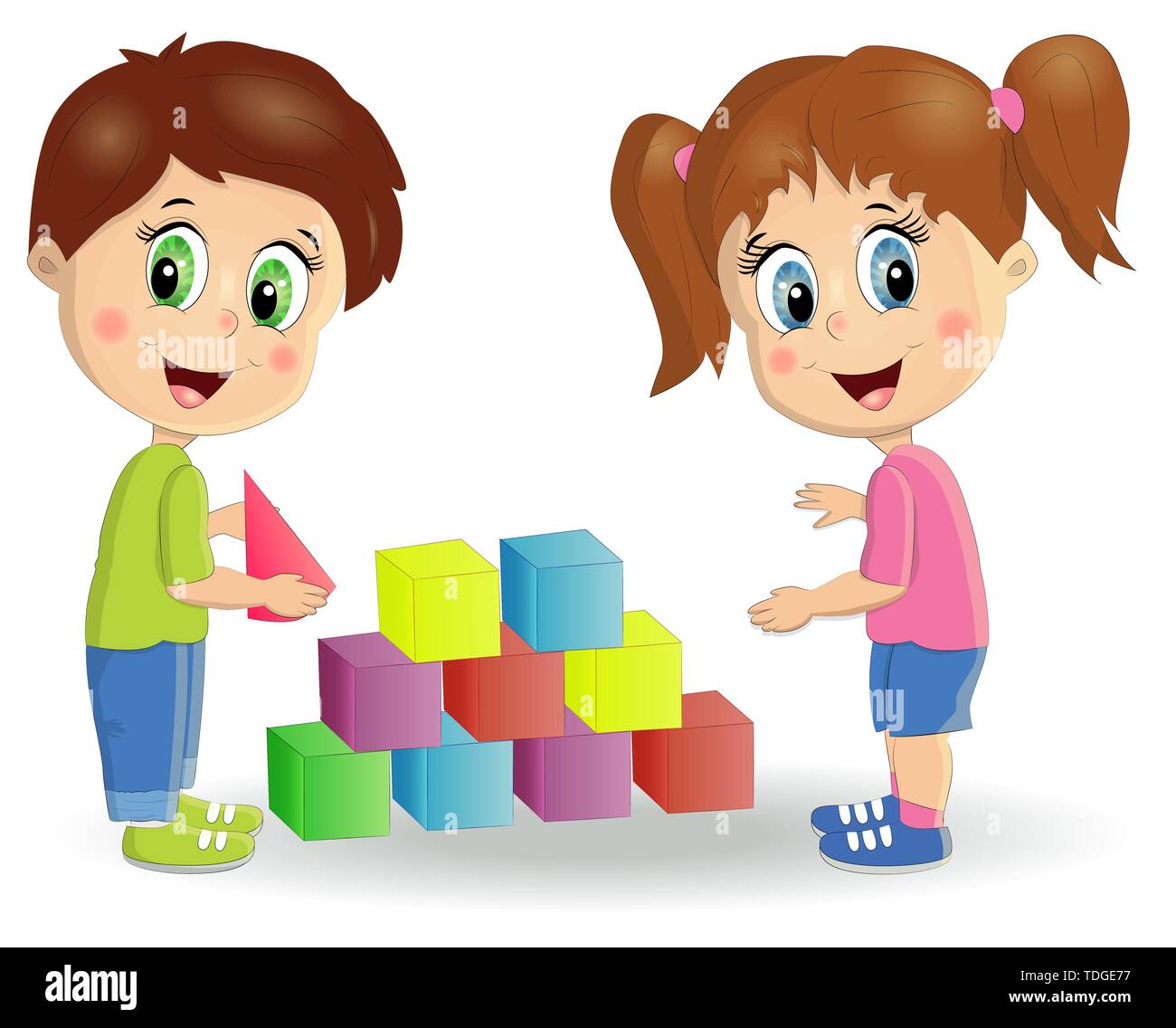 children build tower with blocks. Kids play using kit with bright