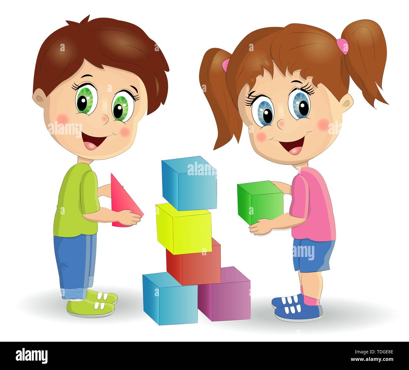 children build tower with blocks. Kids play using kit with bright