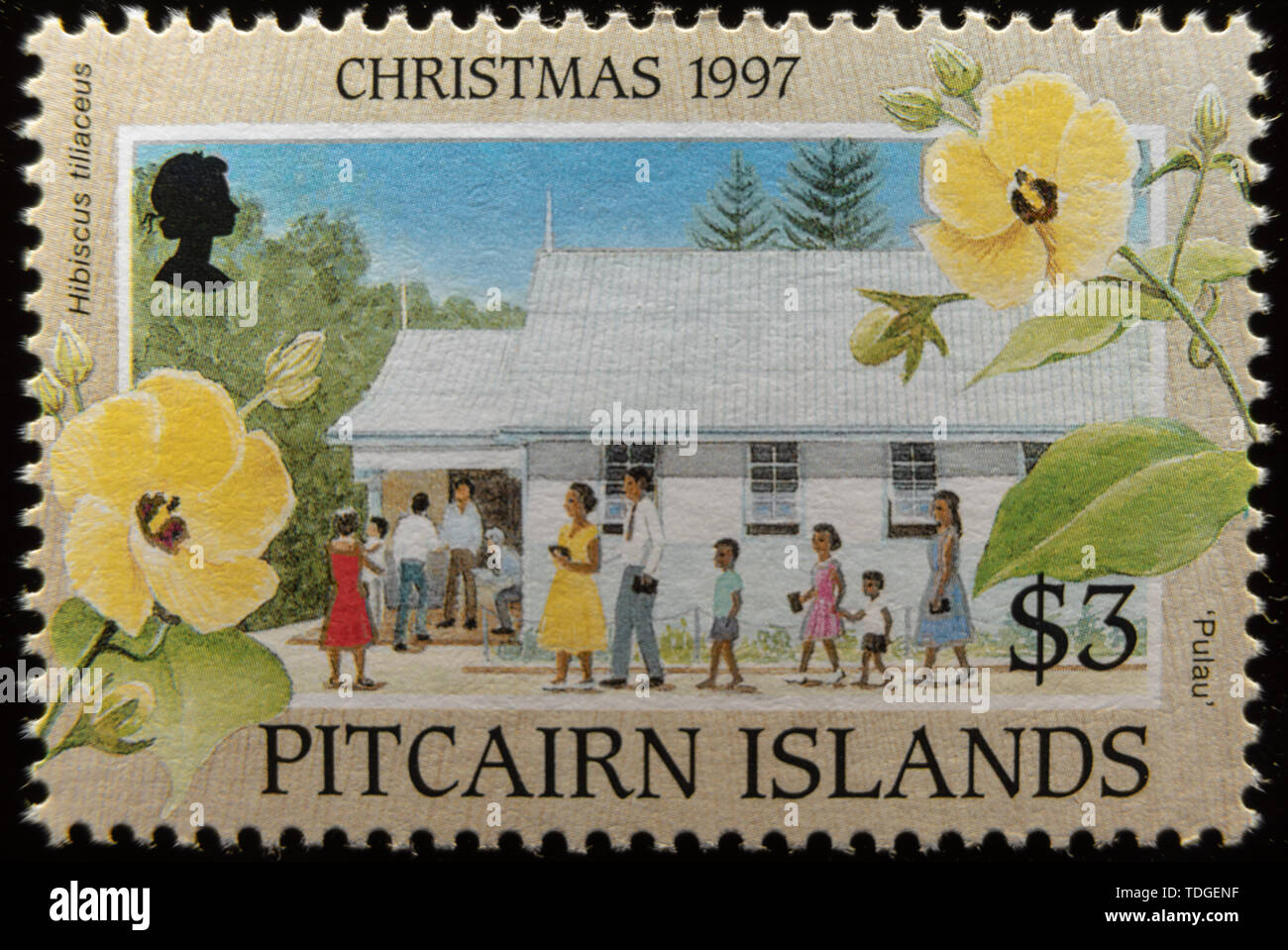 A macro image of a commemorative Pitcairn Islands $3 Christmas 1997 postage stamp. Stock Photo