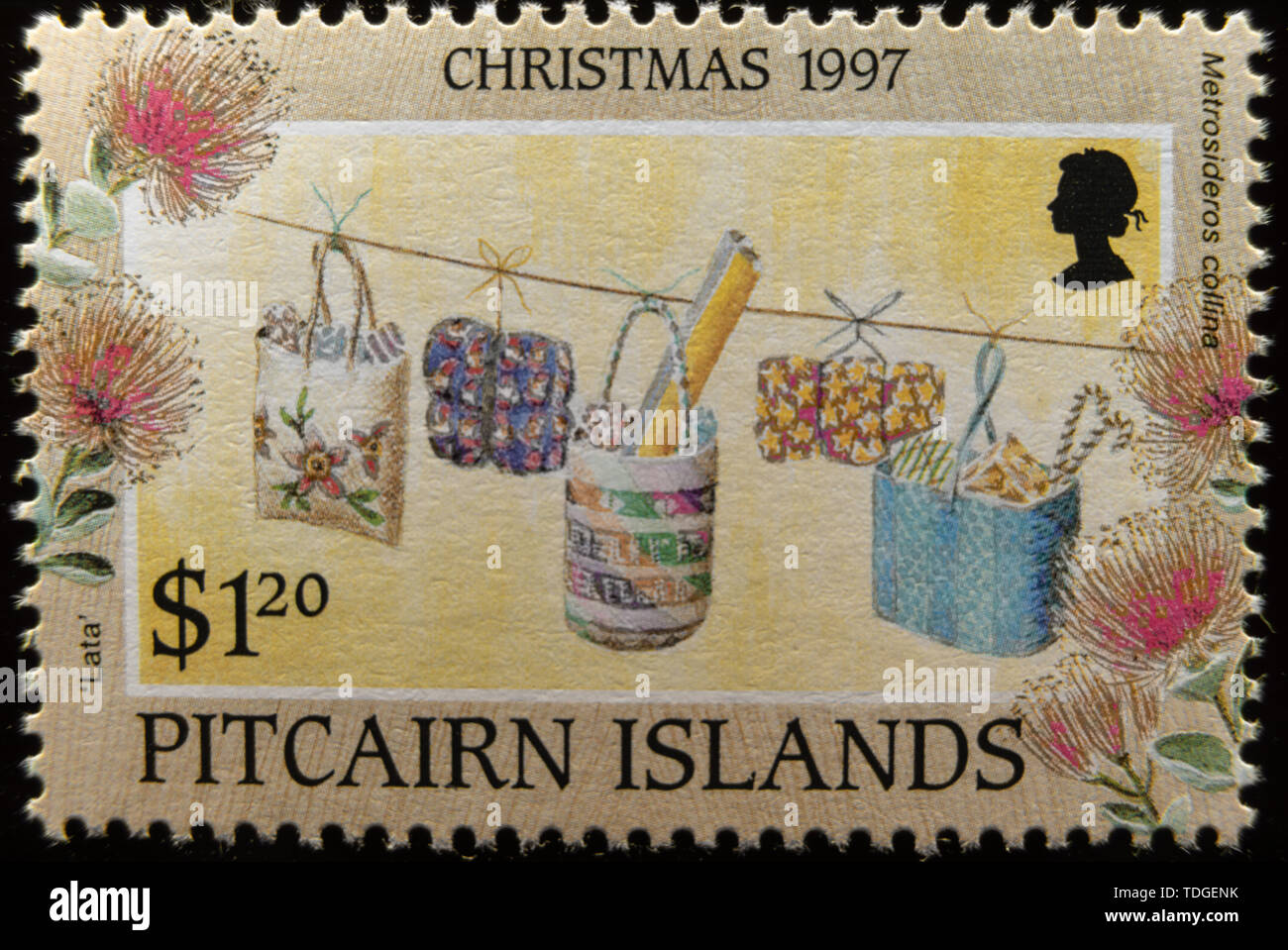 A macro image of a commemorative Pitcairn Islands $1.20 Christmas 1997 postage stamp. Stock Photo