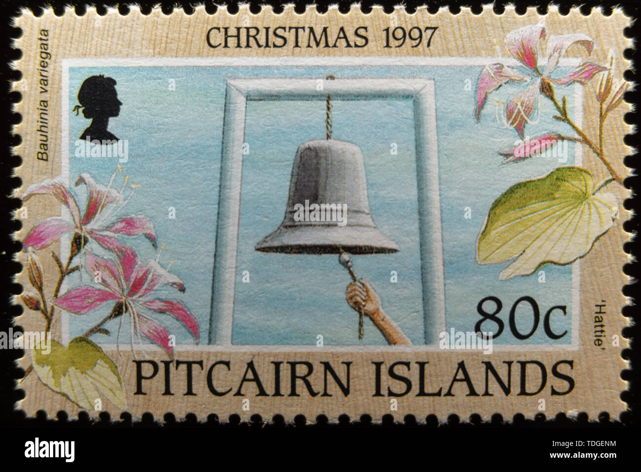 A macro image of a commemorative Pitcairn Islands 80c Christmas 1997 postage stamp. Stock Photo