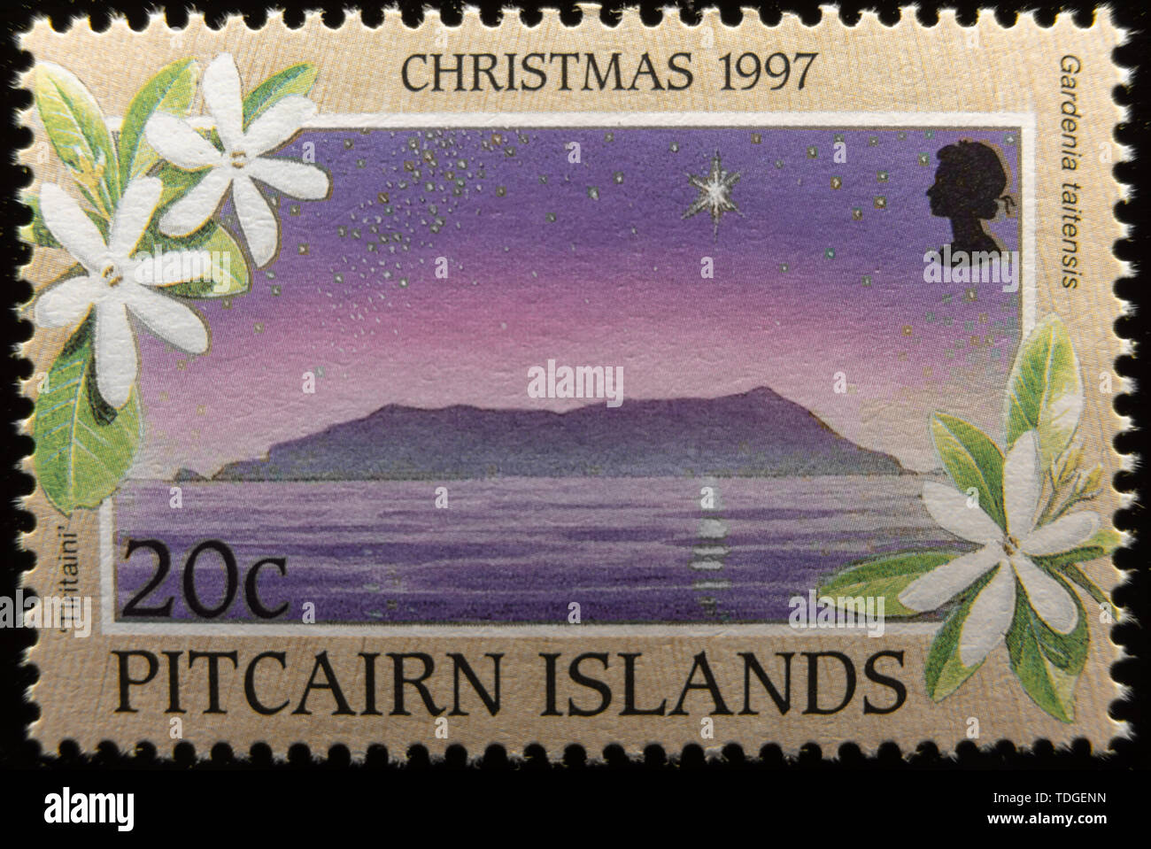 A macro image of a commemorative Pitcairn Islands 20c Christmas 1997 postage stamp. Stock Photo