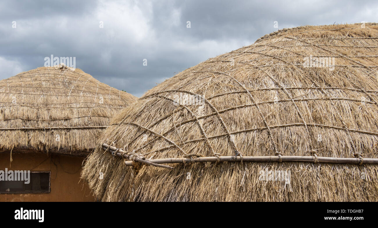Korean traditional style thatched roof in the Yangdong Folk Village. Gyeongju, South Korea, Asia. Stock Photo
