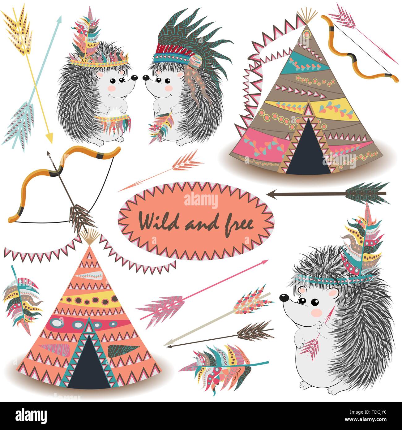 Tribal Collections Set with teepee tens, arrows, feathers, tribal borders, Indian hedgehog and feather headdress. Stock Vector