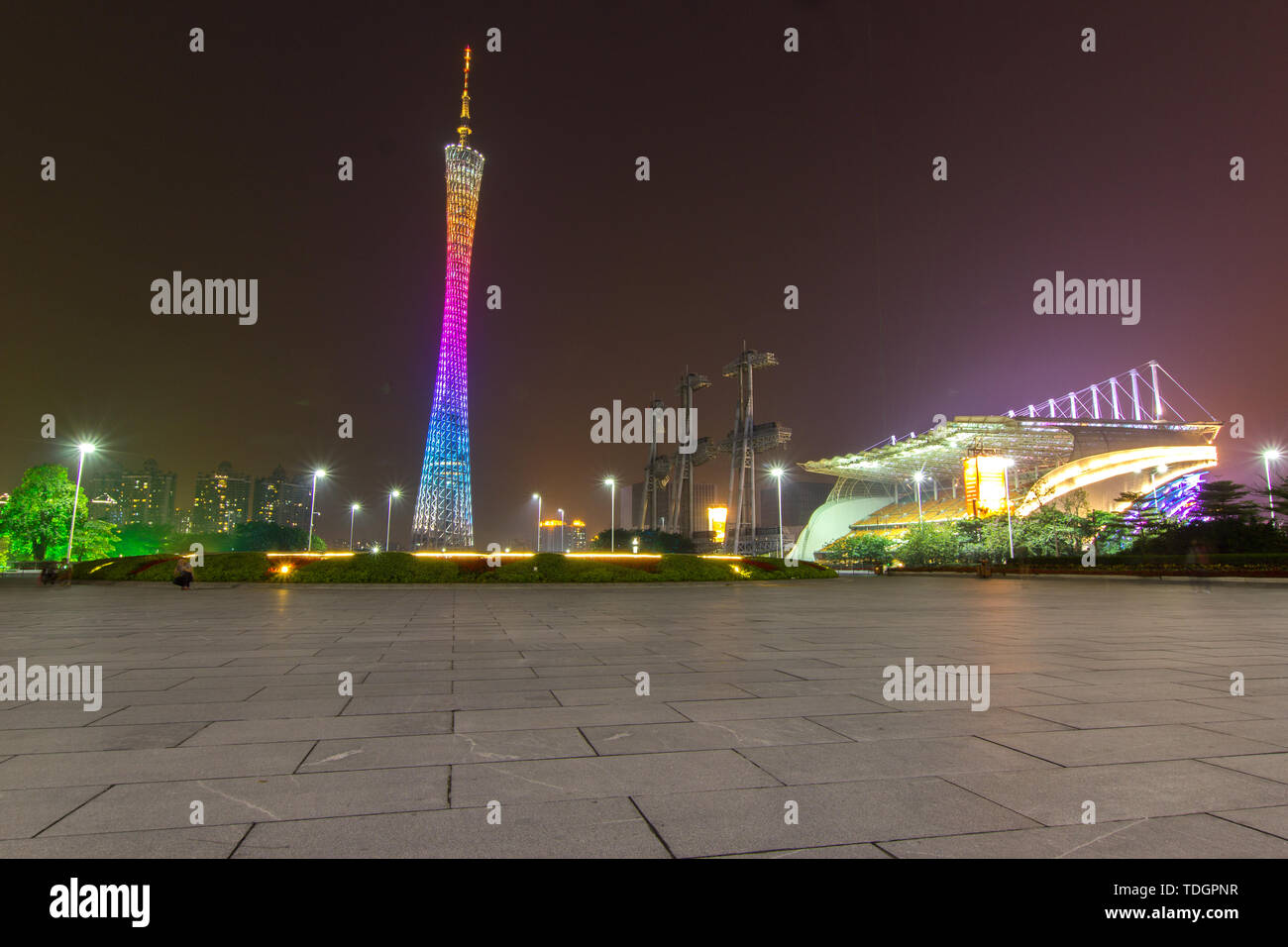 Night View of the TV Tower in Huacheng Square Stock Photo