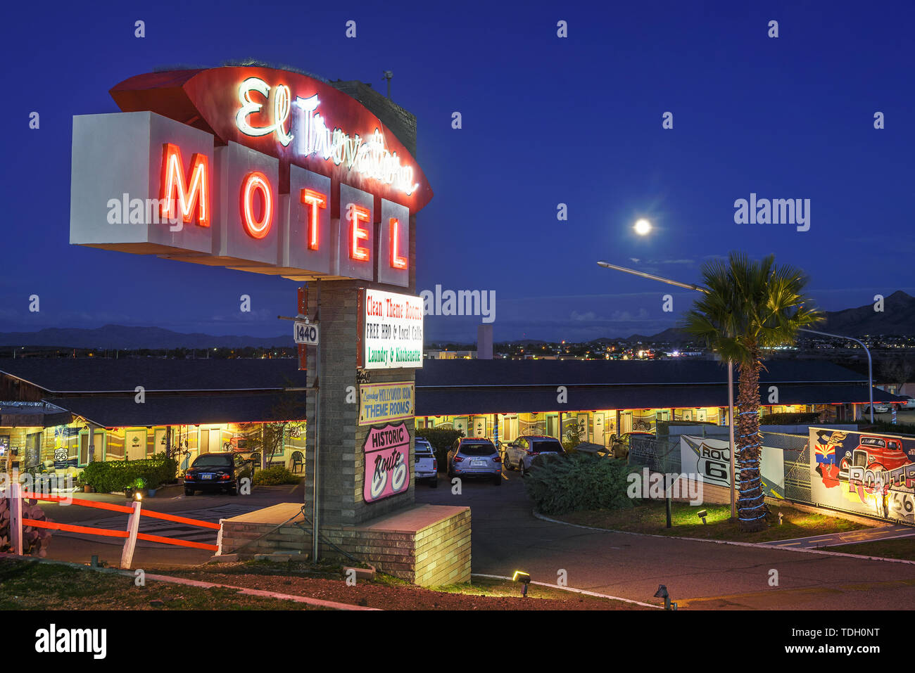 El Trovatore Motel on Route 66 in Kingman, Arizona, at night Stock Photo