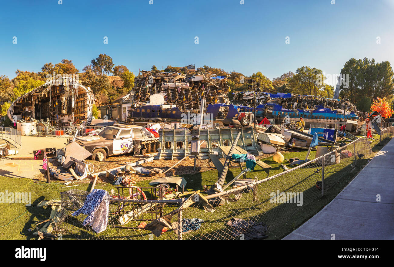 Airplane crash, scene from a movie arranged in Universal Studios Hollywood Stock Photo