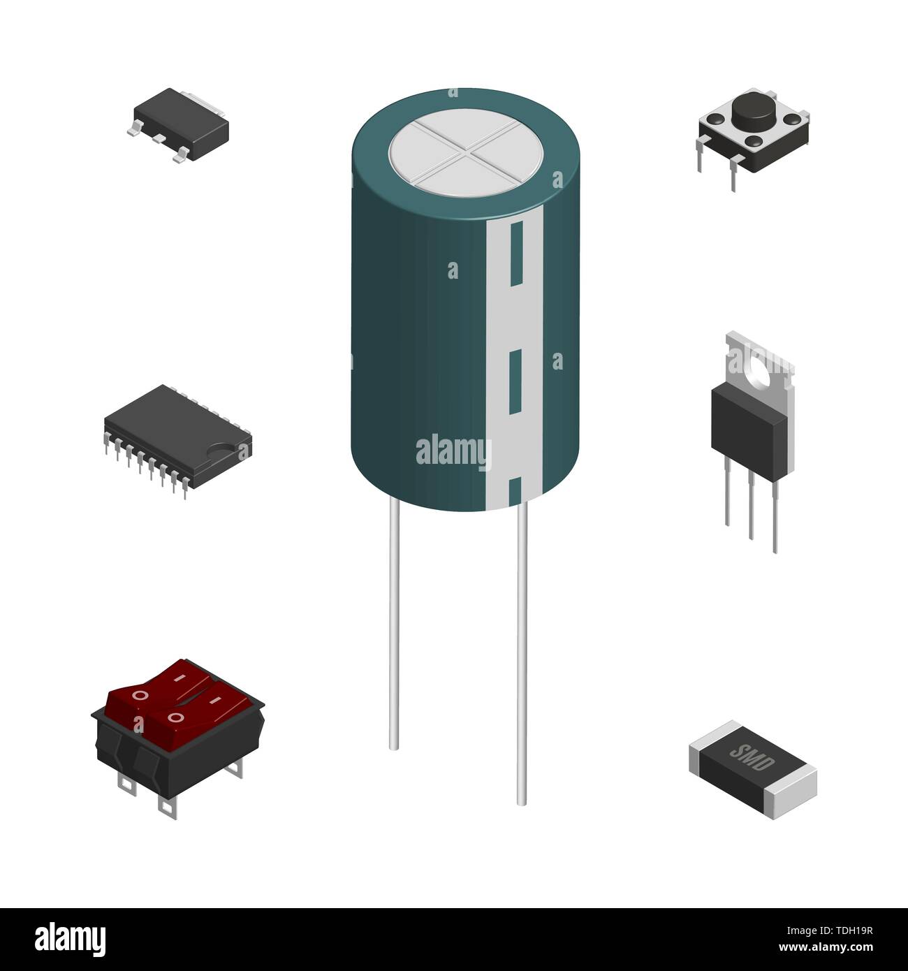 Set of different active and passive electronic components isolated on