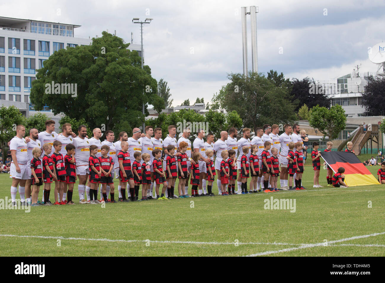 Hessen, Germany. 15th June, 2019. Rugby: EM, Relegation, Germany - Portugal. The German national team during the national anthem. Credit: dpa picture alliance/Alamy Live News Stock Photo