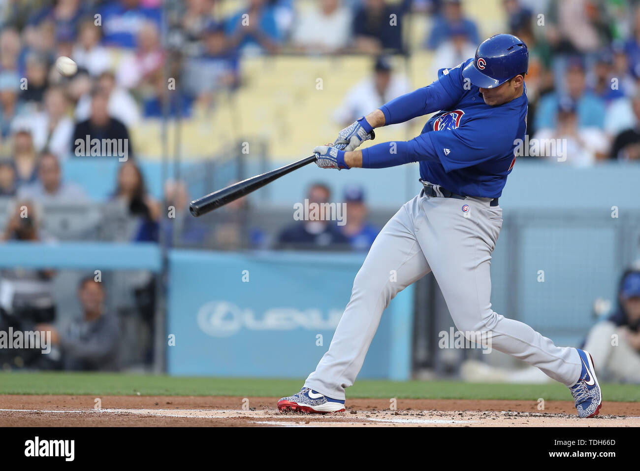 Los Angeles, CA, USA. 14th June, 2019. Chicago Cubs first baseman Anthony Rizzo (44) homers during the game between the Chicago Cubs and the Los Angeles Dodgers at Dodger Stadium in Los Angeles, CA. (Photo by Peter Joneleit) Credit: csm/Alamy Live News Stock Photo