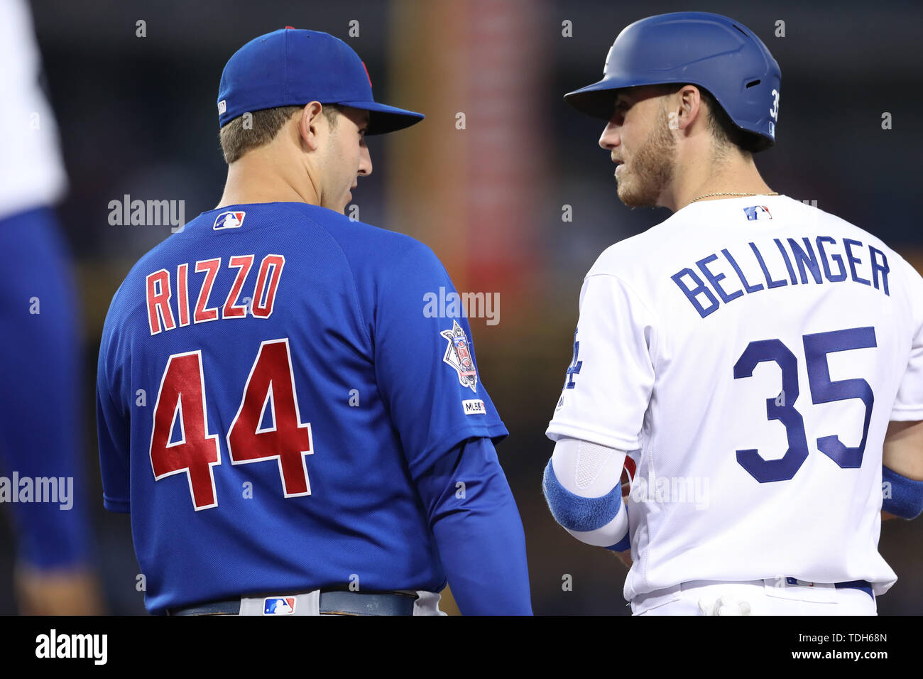 June 14, 2019:Los Angeles Dodgers first baseman Cody Bellinger (35) chats  with Chicago Cubs first baseman Anthony Rizzo (44) after a base hit by  Bellinger during the game between the Chicago Cubs