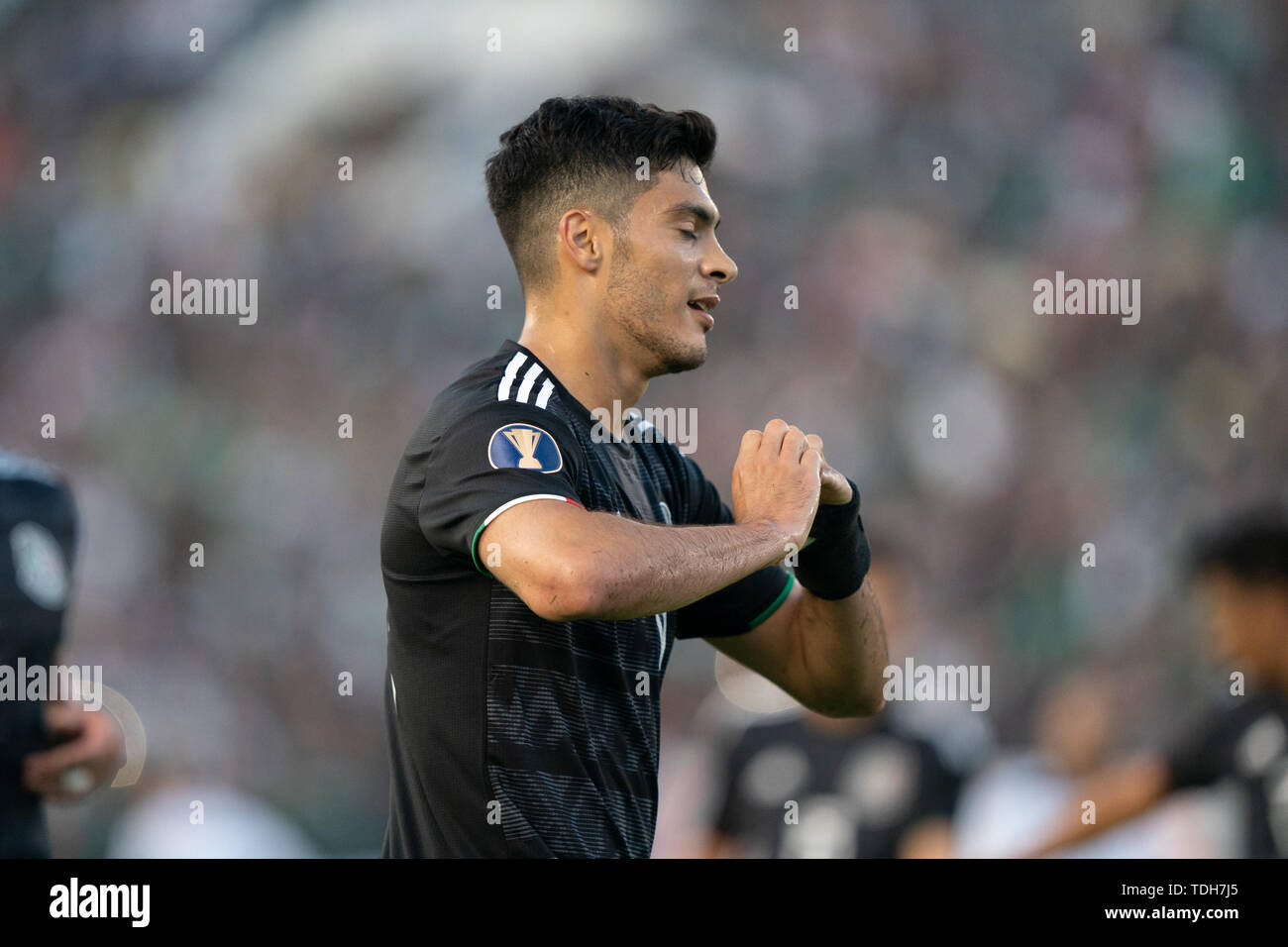 Los Angeles, USA. 15th June, 2019. Raul Jimenez of Mexico celebrates scoring during the 2019 Confederation of North, Central American and Caribbean Association Football (CONCACAF) Gold Cup between Mexico and Cuba in Pasadena, Los Angeles, the United States, June 15, 2019. Credit: Qian Weizhong/Xinhua/Alamy Live News Stock Photo