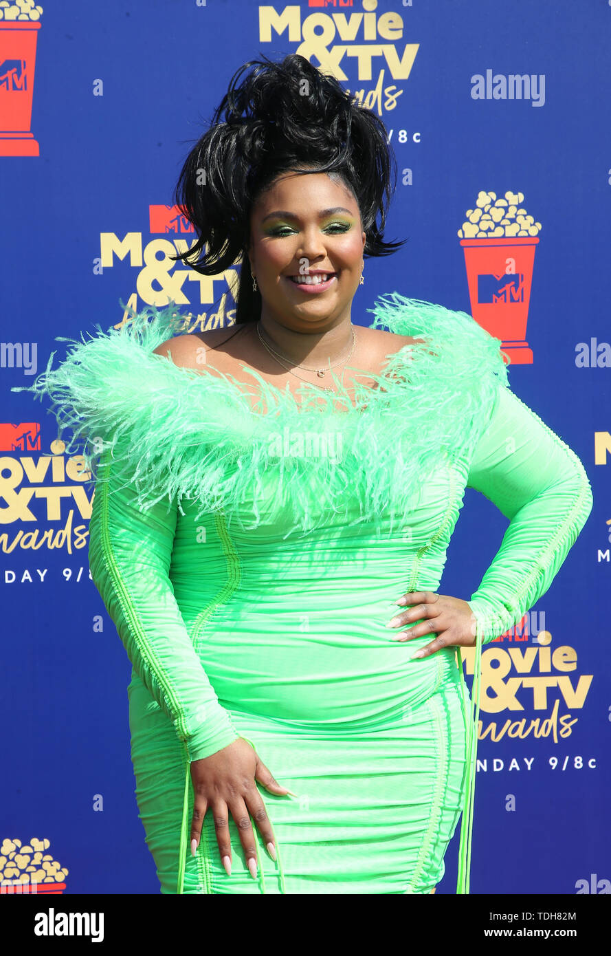 SANTA MONICA, CA - JUNE15: Lizzo, at the 2019 MTV Movie & TV Awards  sponsored by M&M's, MTN DEW, Taco Bell, and truth at Barker Hangar in  Santa Monica, California on June