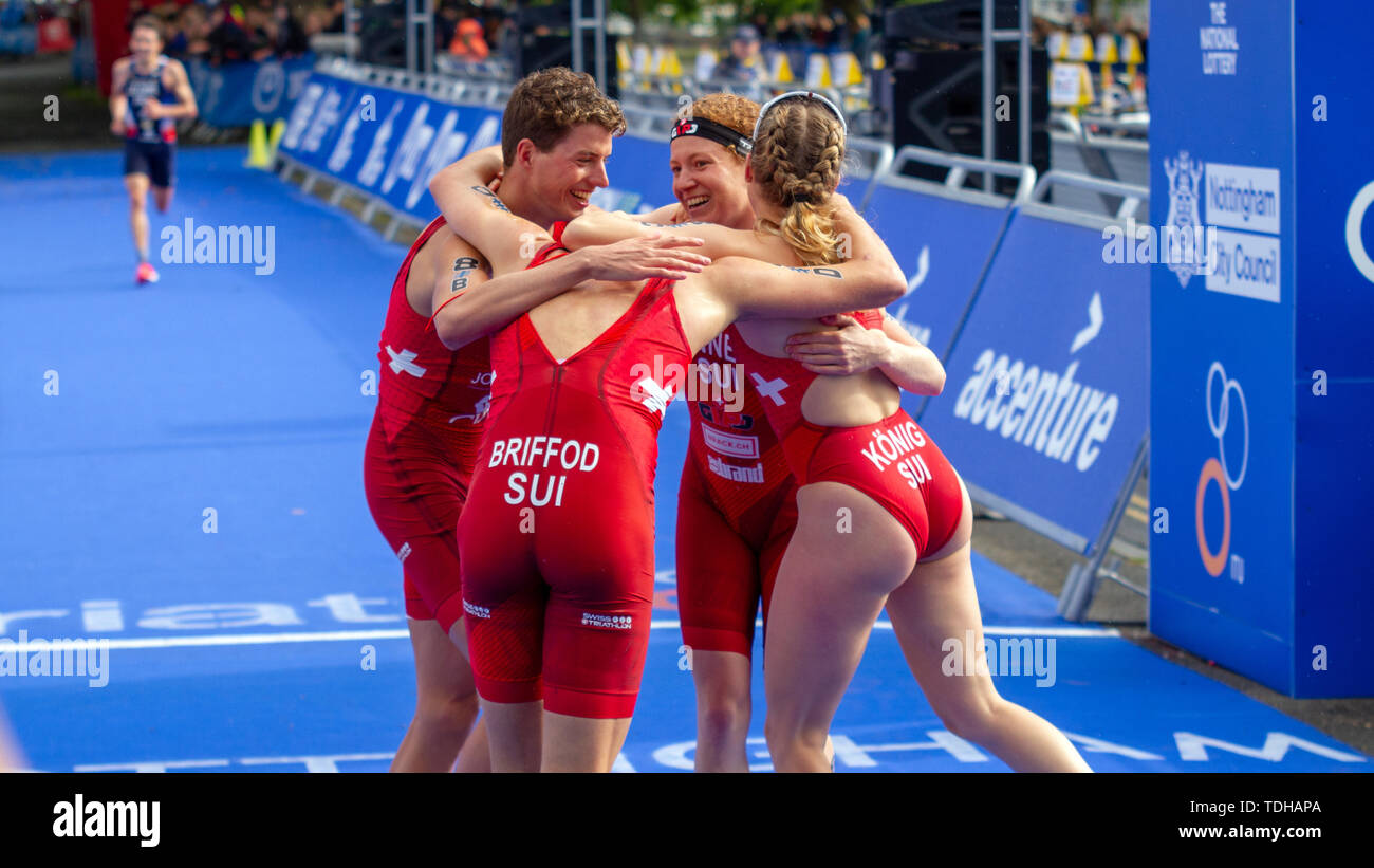 Nottingham, UK. 15th June, 2019. Max Studer, Jolanda Annen, Adrien Briffod, and Alissa Konig of Switzerland celebrate after finishing second in front of France during the 2019 Accenture World Triathlon Mixed Relay (Duathlon) in Nottingham. Credit: SOPA Images Limited/Alamy Live News Stock Photo