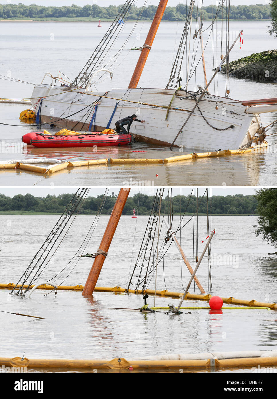 Stadersand, Germany. 16th June, 2019. The picture combo shows employees of a Spanish company preparing with divers the salvage of the sunken historic sailing ship 'No 5 Elbe' in the harbour of Stadersand (at low tide, above) and the same ship at high tide, few hours later (below). The historic sailing ship, which has only recently been extensively renovated, collided with a container ship on the Elbe and sank. Credit: Bodo Marks/dpa/Alamy Live News Stock Photo