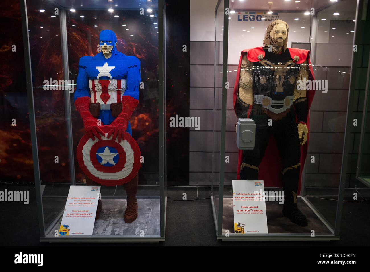 Malaga, Spain. 16th June, 2019. Mockups of Captain America and Thor  displayed inside a glass cabinet during the exhibition. The LEGO exhibition  is a temporary exhibition, the most biggest of Europe about
