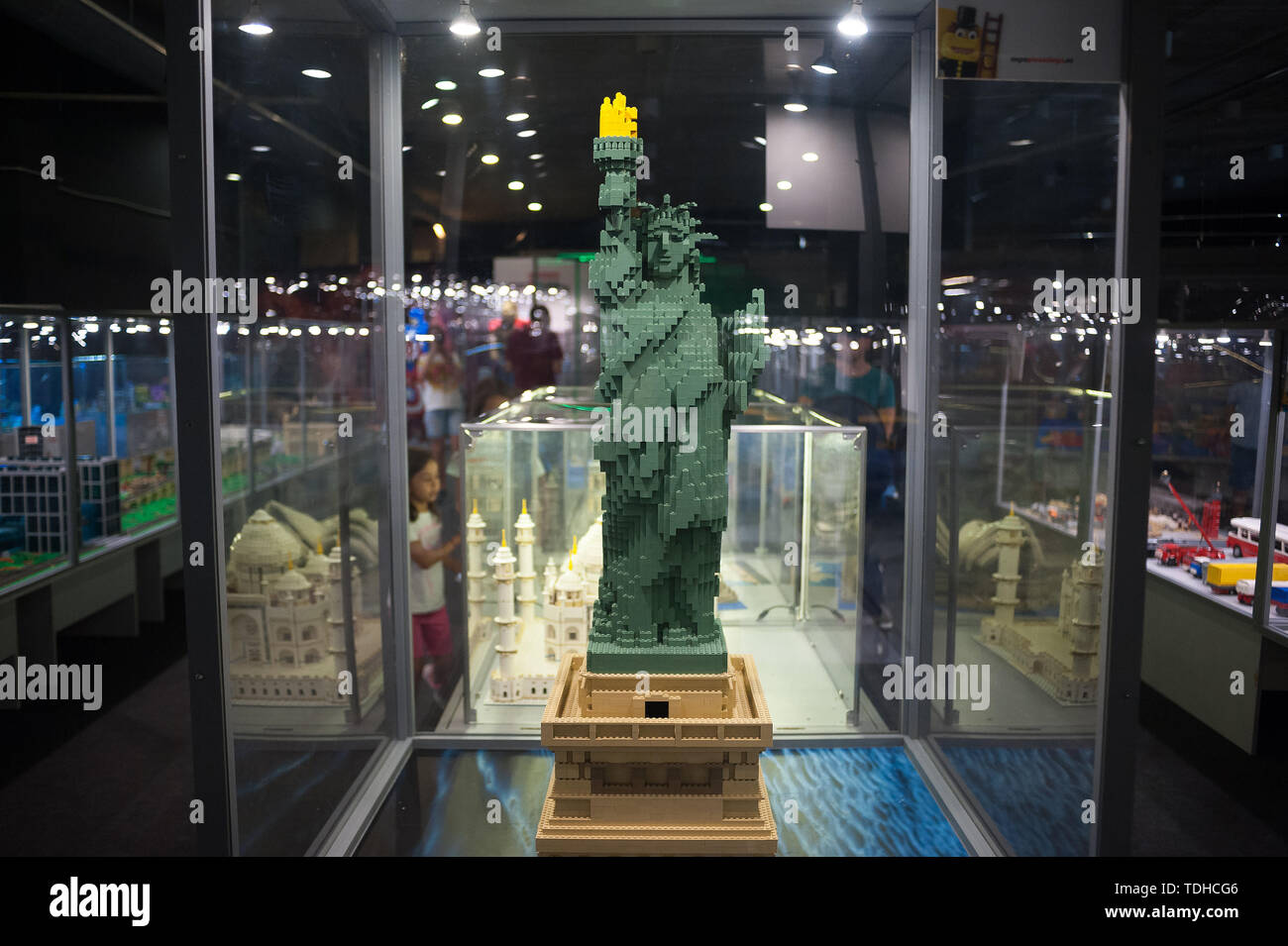 Malaga, Spain. 16th June, 2019. A mockup depicting the Liberty Enlightening the World displayed inside a glass cabinet during the exhibition. The LEGO exhibition is a temporary exhibition, the most biggest of Europe about figures of LEGO, showing different mockups mounted with more than 5 million of LEGO pieces to large scale such as Titanic ship, replicas of basketball players, the human body, characters of the film Star Wars, MARVEL and others. Credit: SOPA Images Limited/Alamy Live News Stock Photo
