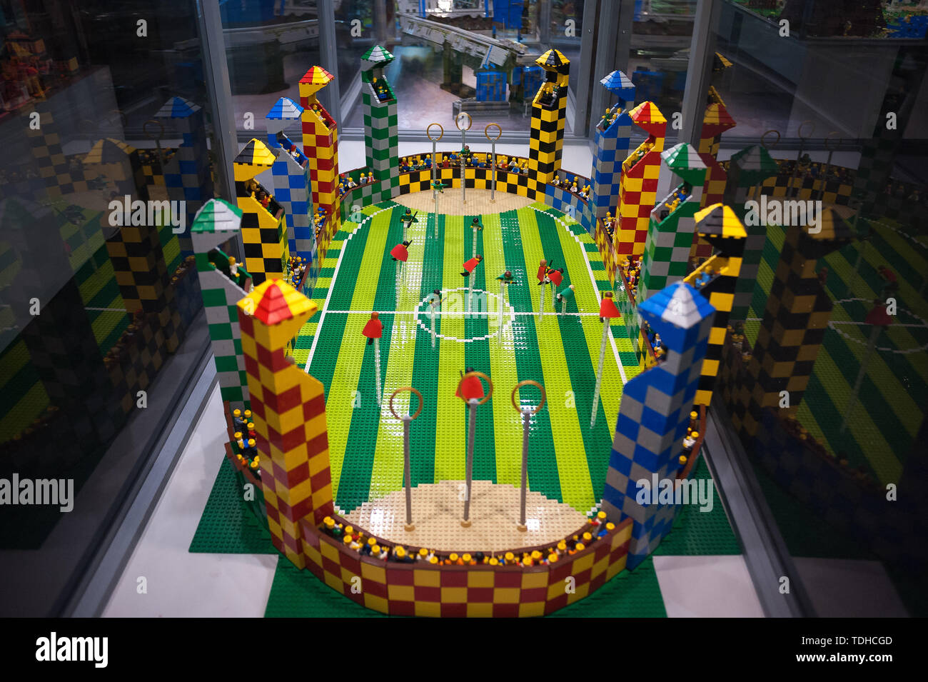 Malaga, Spain. 16th June, 2019. A mockup of the 'quidditch' field of the film 'Harry Potter' inside a glass cabinet during the exhibition. The LEGO exhibition is a temporary exhibition, the most biggest of Europe about figures of LEGO, showing different mockups mounted with more than 5 million of LEGO pieces to large scale such as Titanic ship, replicas of basketball players, the human body, characters of the film Star Wars, MARVEL and others. Credit: SOPA Images Limited/Alamy Live News Stock Photo