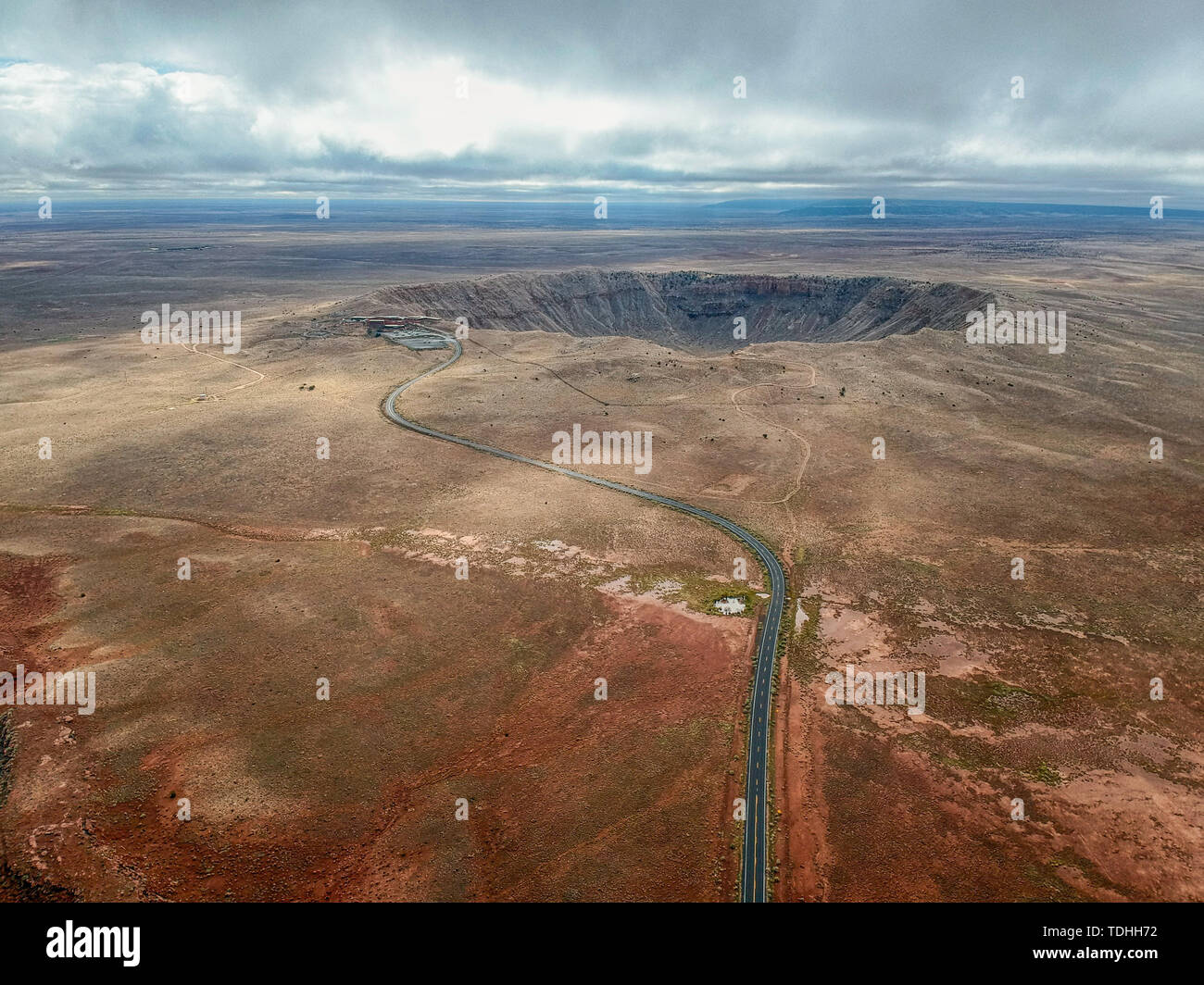 High angle aerial of Meteor Crater, Arizona. Stock Photo