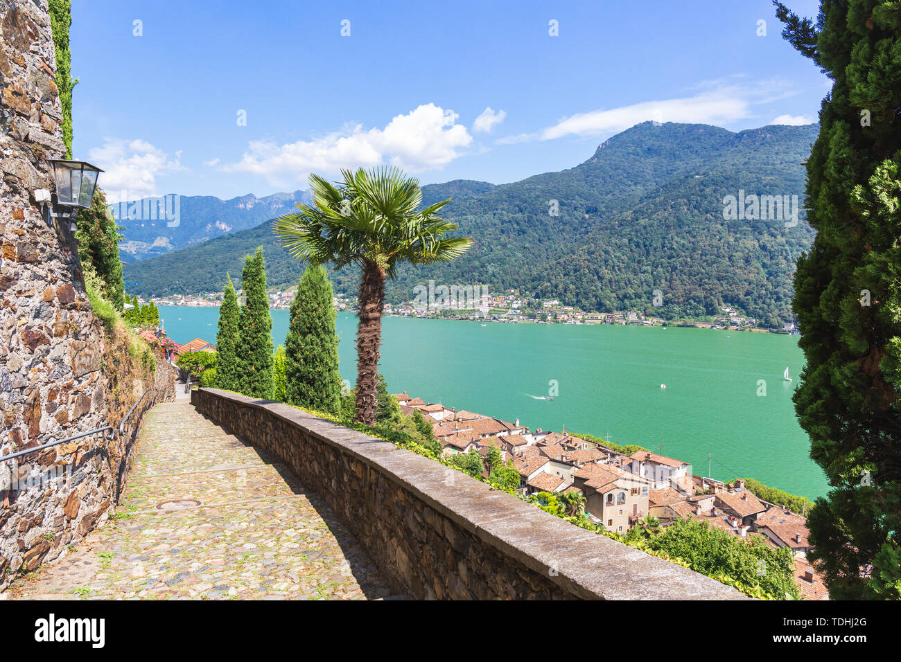 Balcony on the rooftops of Morcote and Lake Ceresio, Morcote, Canton Ticino, Switzerland Stock Photo