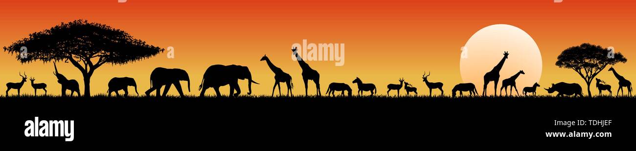 Silhouettes of wild animals of the African savannah. Silhouettes of ...