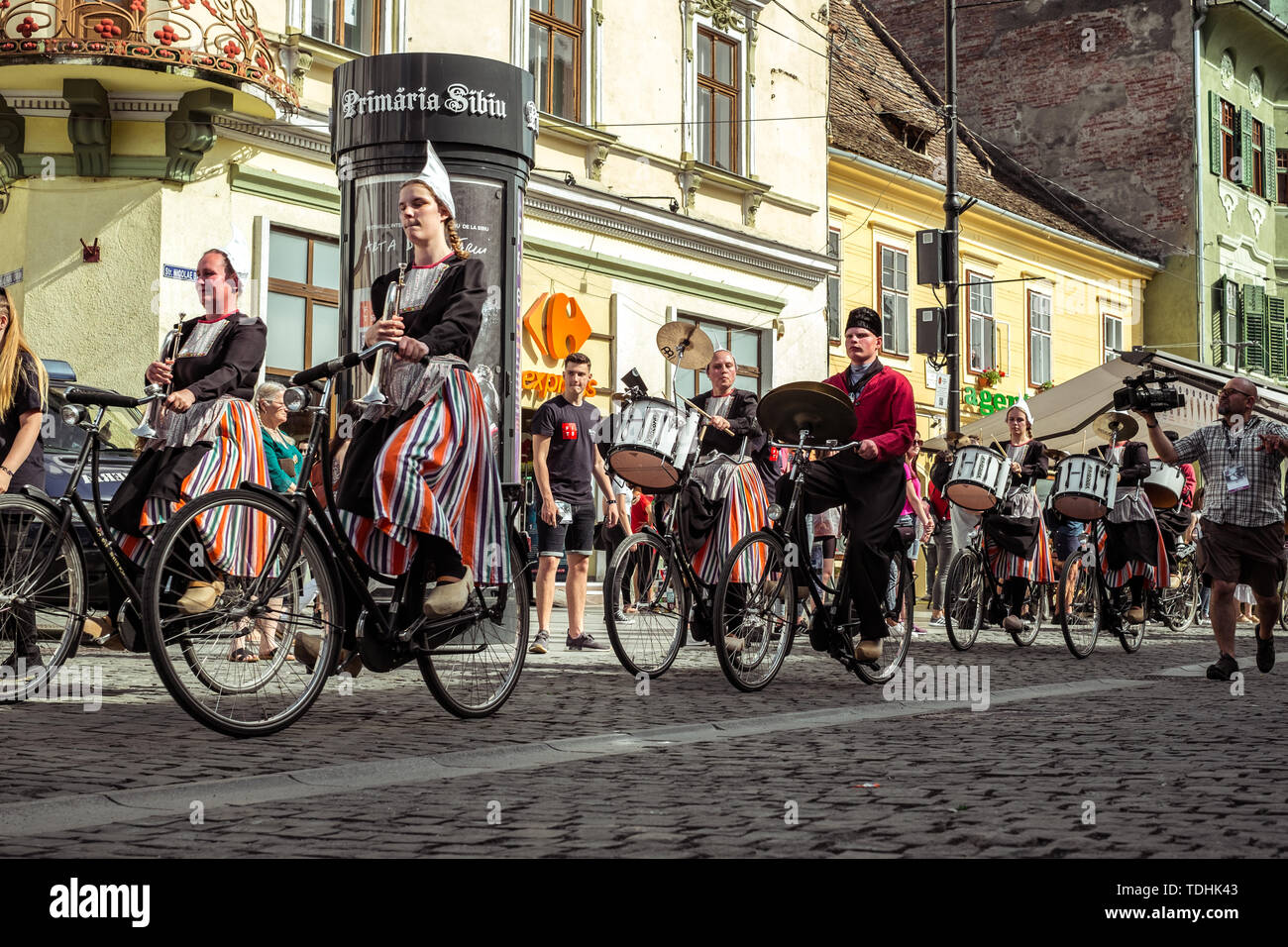 Sibiu City, Romania - 14 June 2019. Crescendo Opende Bicycle Band from Netherlands performing at the Sibiu International Theatre Festival from Sibiu,  Stock Photo