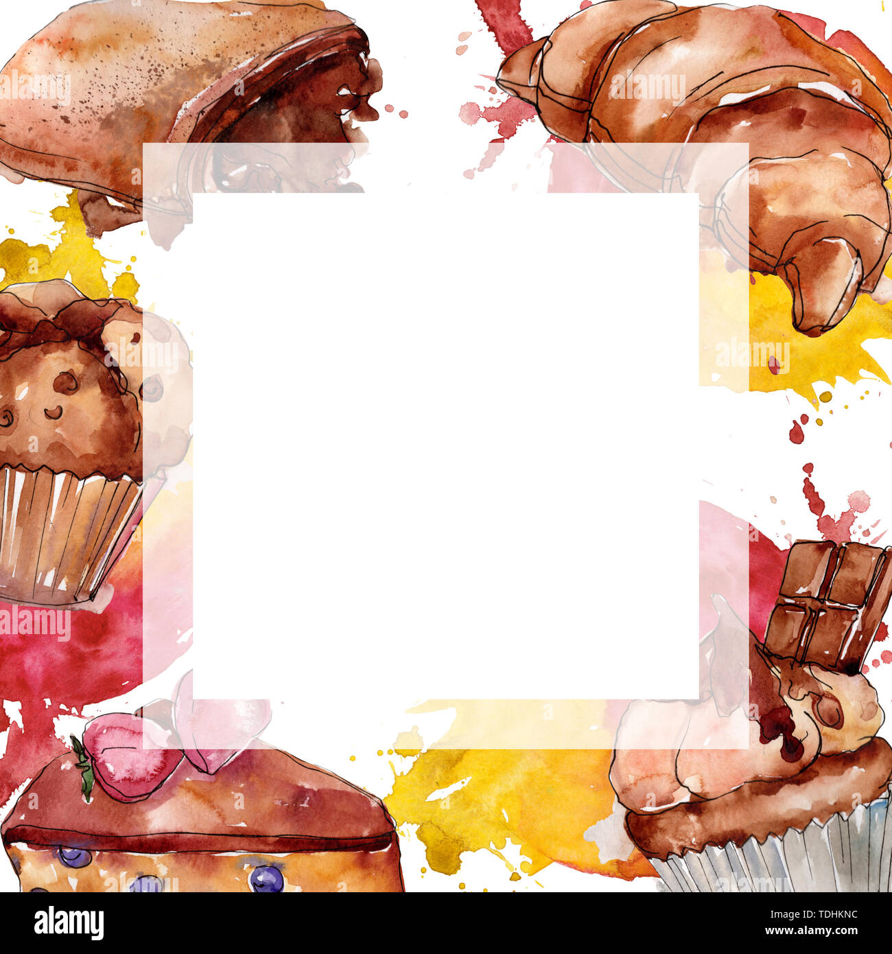 Tasty cake and bun sweet dessert. Watercolor background illustration ...