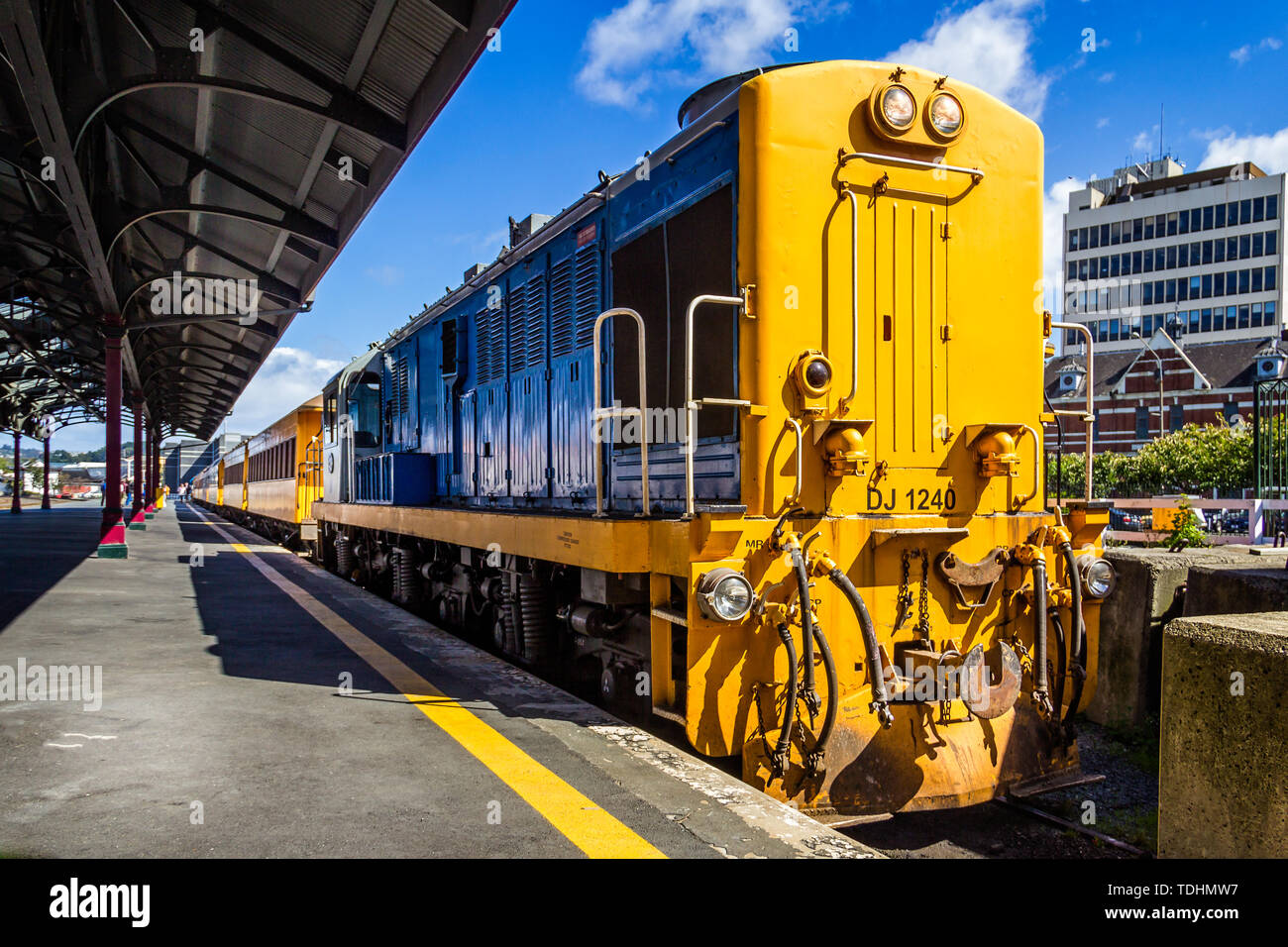 Taieri railway train and carriages at the platform at Dunedin