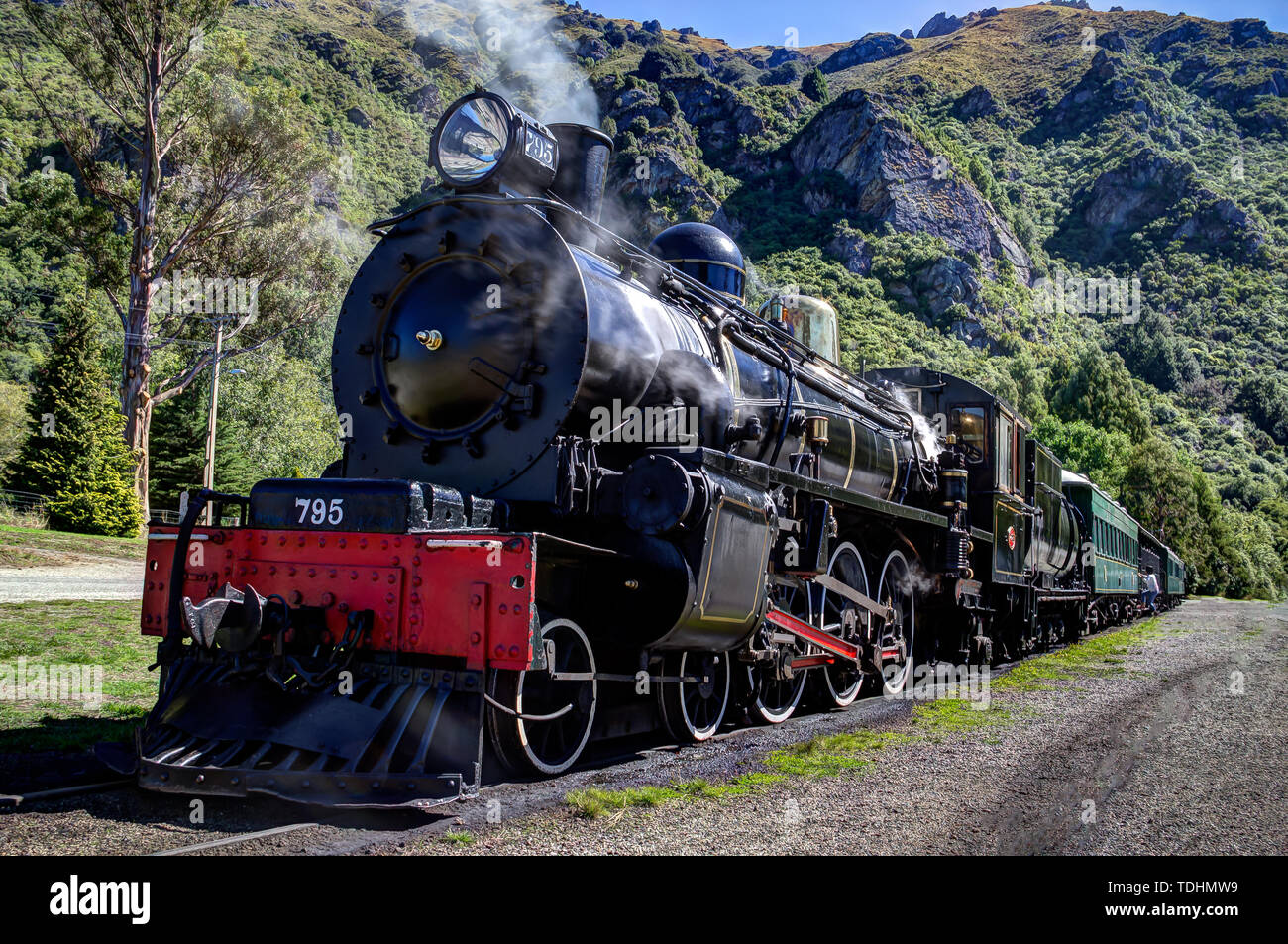 The Vintage steam engine The Kingston Flyer with head of steam at Kingston, New Zealand on 13 March 2012 Stock Photo
