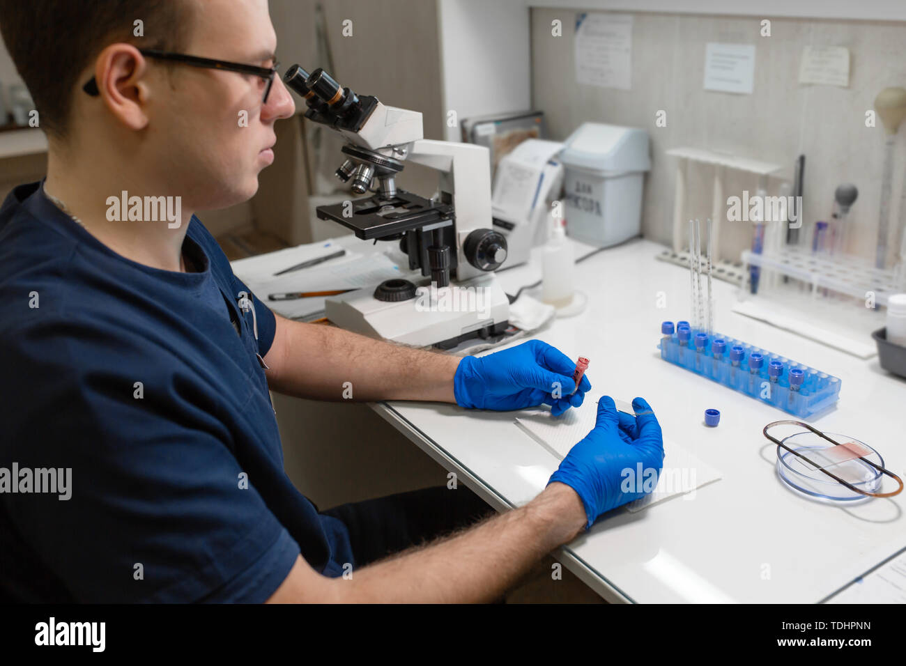 scientist prepare blood sample for research on microscope. Placing