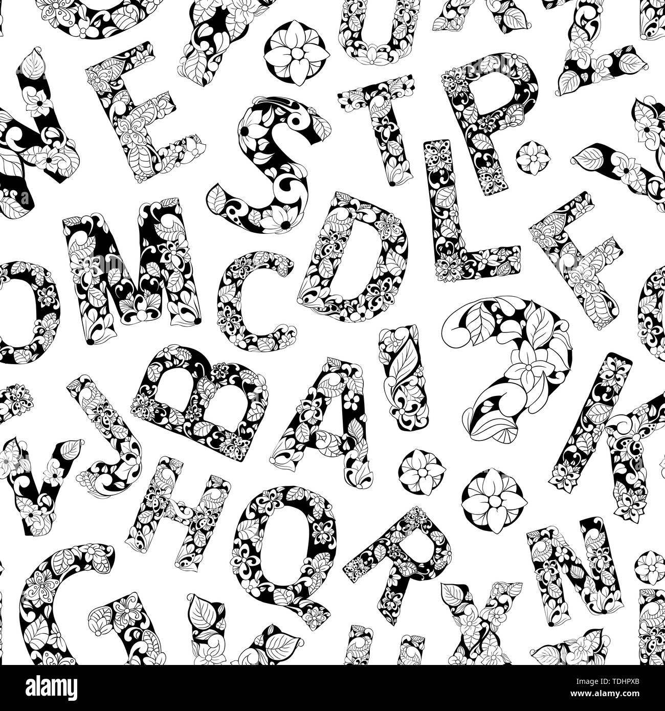 Ornamental Alphabet Letters Seamless Pattern Vector Typography