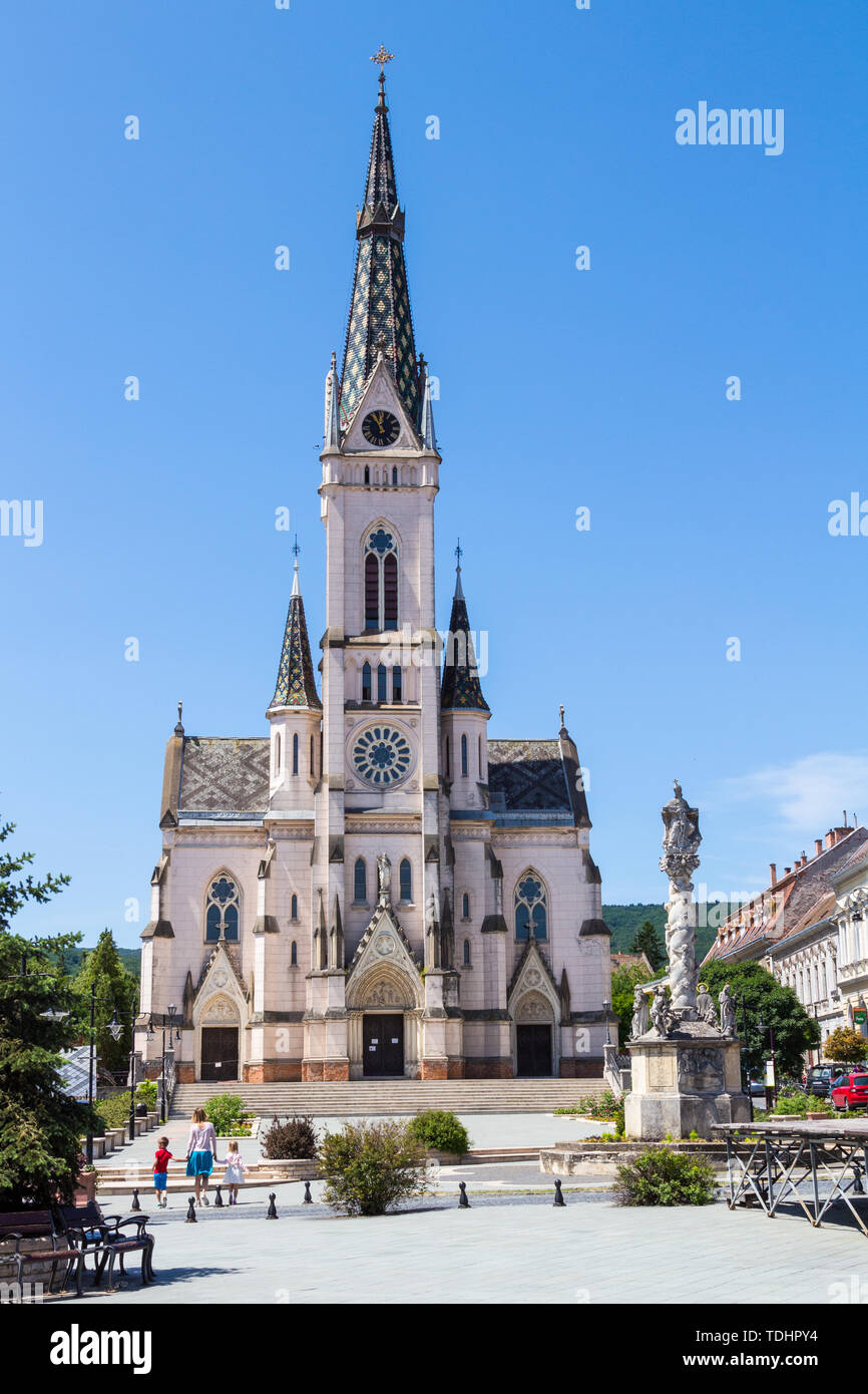 The Jesus' Heart neogothic historicizing Church with the Holy Trinity Sculpture in Kőszeg, Hungary Stock Photo