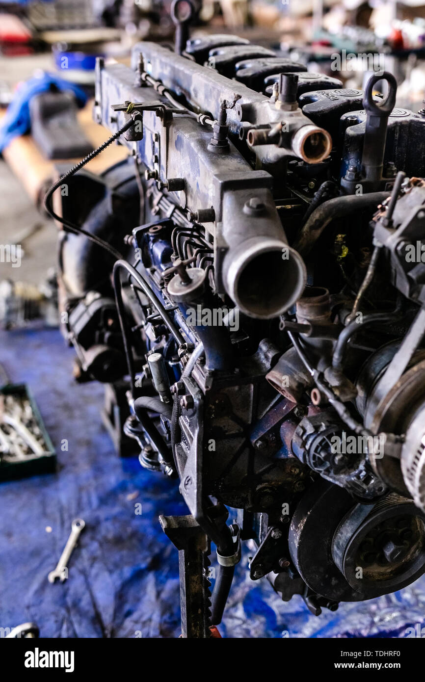 Engine parts of the old havy truck with rusty pipes. Tlorry motor ...