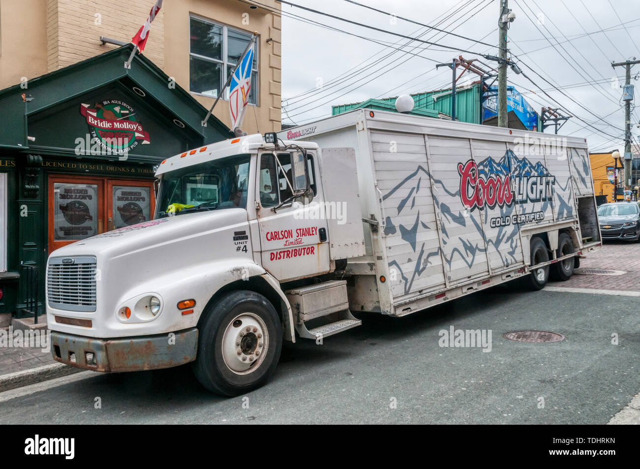 A Coors Light delivery truck outside Bridie Molloy's Irish pub in St John's, Newfoundland. Stock Photo
