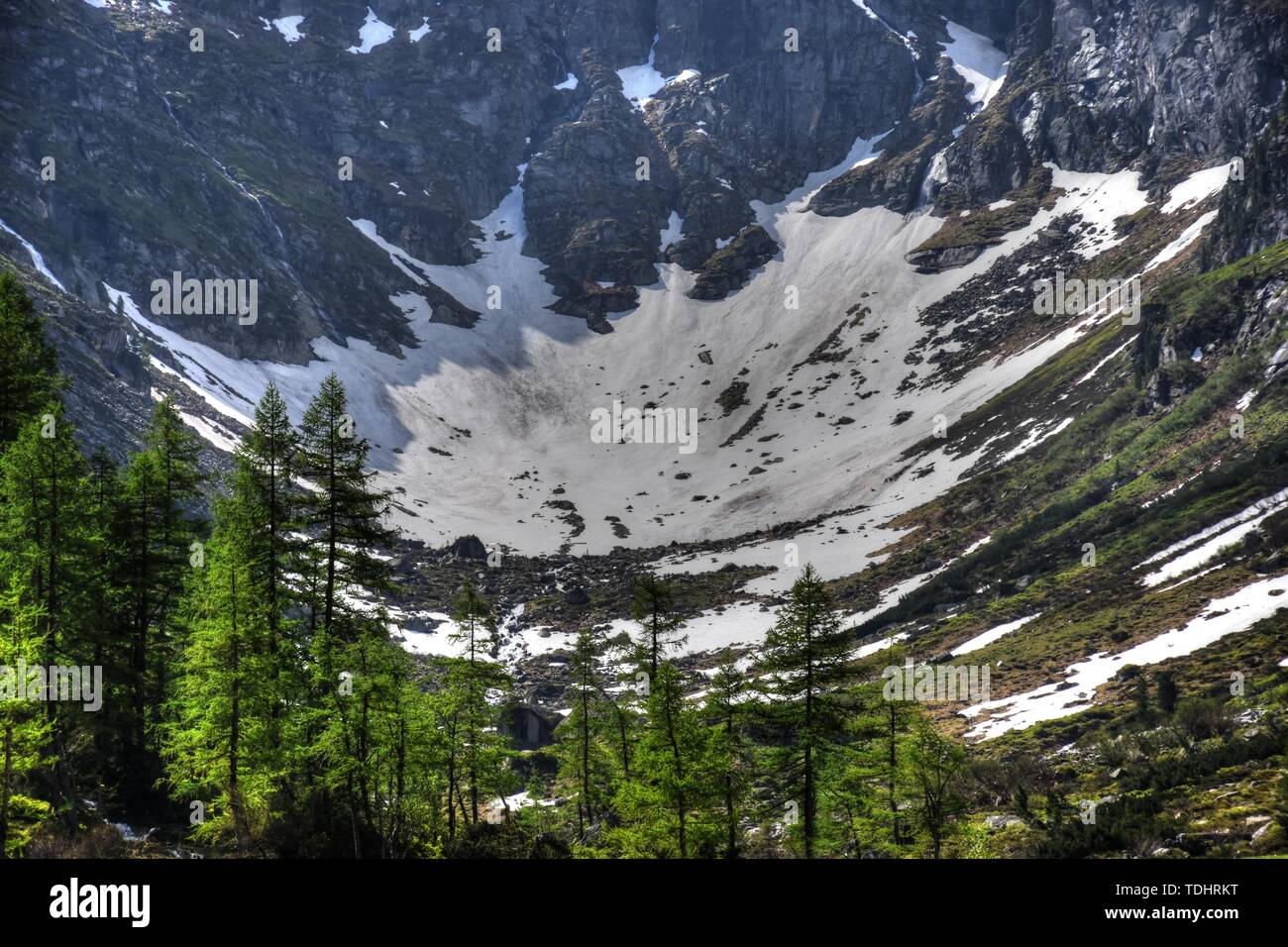 Felbertauern, Hohe Tauern, Granatspitzgruppe, Schnee, Eis, Hochtal, Talschluss, Geröll, Alpenhauptkamm, Felbertauernstraße, Felbertauerntunnel, Tunnel Stock Photo