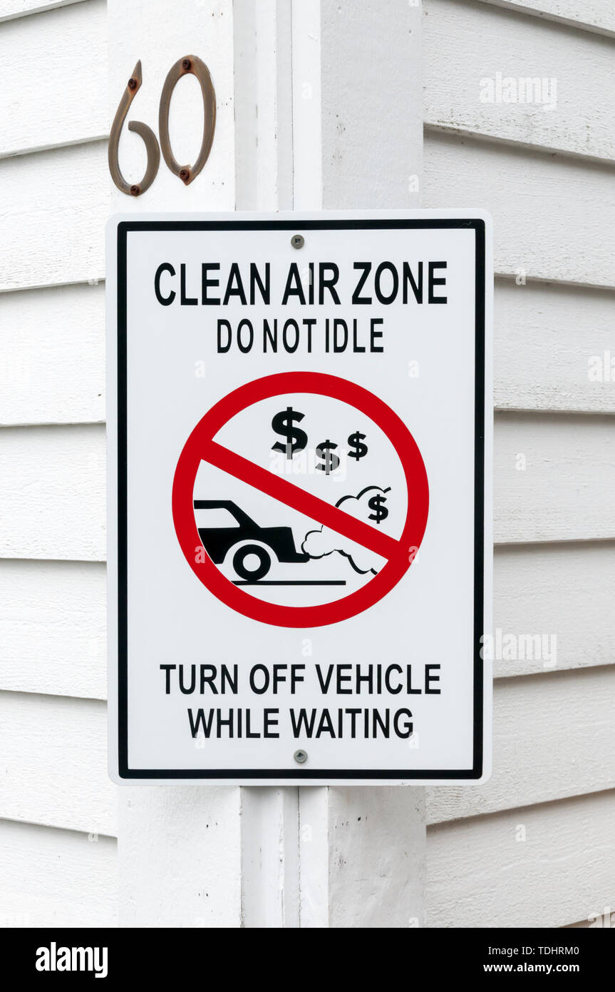 A Clean Air Zone sign in Canada tells drivers to switch their car engine off when stationary or stopped. Stock Photo