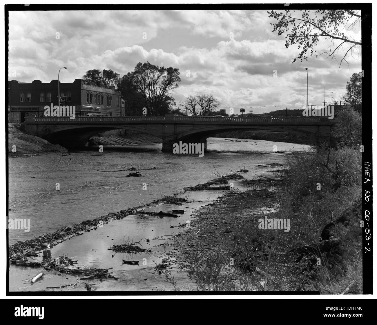 OVERALL VIEW OF BRIDGE, LOOKING WEST (UPSTREAM) - Commercial Street Bridge, Spanning Purgatoire River on Commercial Street, Trinidad, Las Animas County, CO Stock Photo