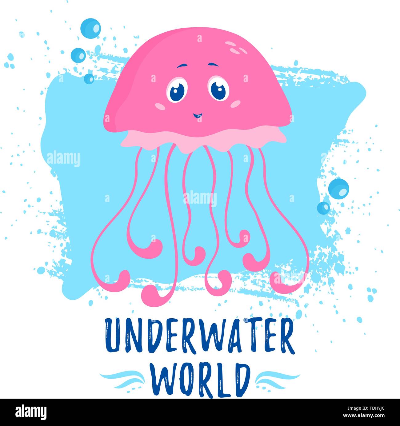 Illustration with cute jellyfish and phrase - Underwater world. Vector print for poster, children wear or other design. Stock Vector
