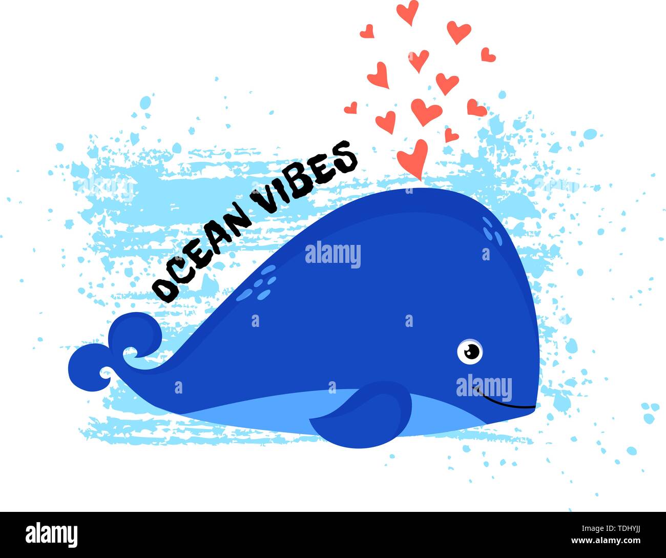 Illustration with cute whale and phrase - Ocean vibes. Vector print for card, poster, children wear or other design. Stock Vector