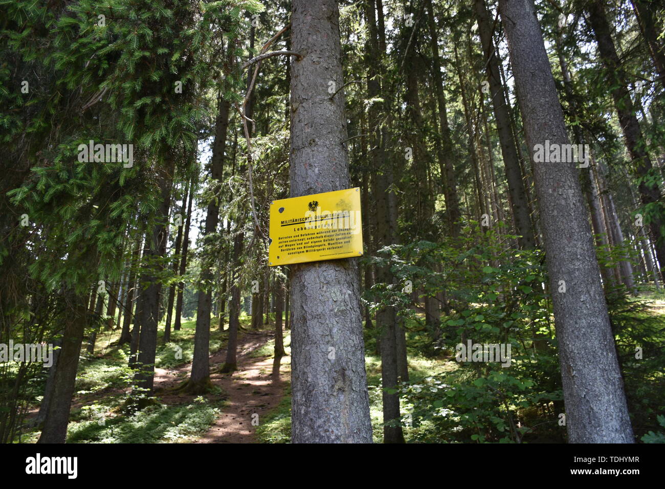 Militär, Bundesheer, Heer, Übungsgebiet, Lebensgefahr, Wappen, Österreich, gesperrt, Wald, Betreten verboten, Befahren verboten, Blindgänger, Munition Stock Photo