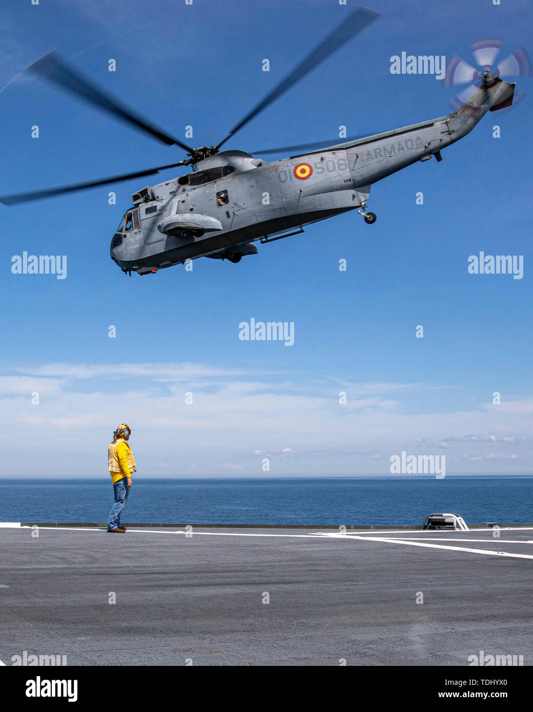 190615-N-EI510-0544 BALTIC SEA (June 15, 2019) A Spanish Westland SH-D3/W Sea King helicopter departs the Blue Ridge class command and control ship USS Mount Whitney (LCC 20) during exercise Baltic Operations (BALTOPS) 2019. BALTOPS is the premier annual maritime-focused exercise in the Baltic Region, marking the 47th year of one of the largest exercises in Northern Europe enhancing flexibility and interoperability among allied and partnered nations.  (U.S. Navy Photo by Mass Communication Specialist 2nd Class Scott Barnes) Stock Photo