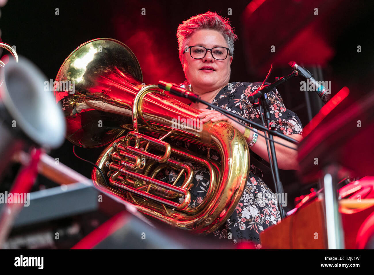 Oslo, Norway - June 15th, 2019. The international acclaimed Norwegian jazz  band Jaga Jazzist performs a live concert uring the Norwegian music  festival Piknik i Parken 2019 in Oslo. Here musician Line