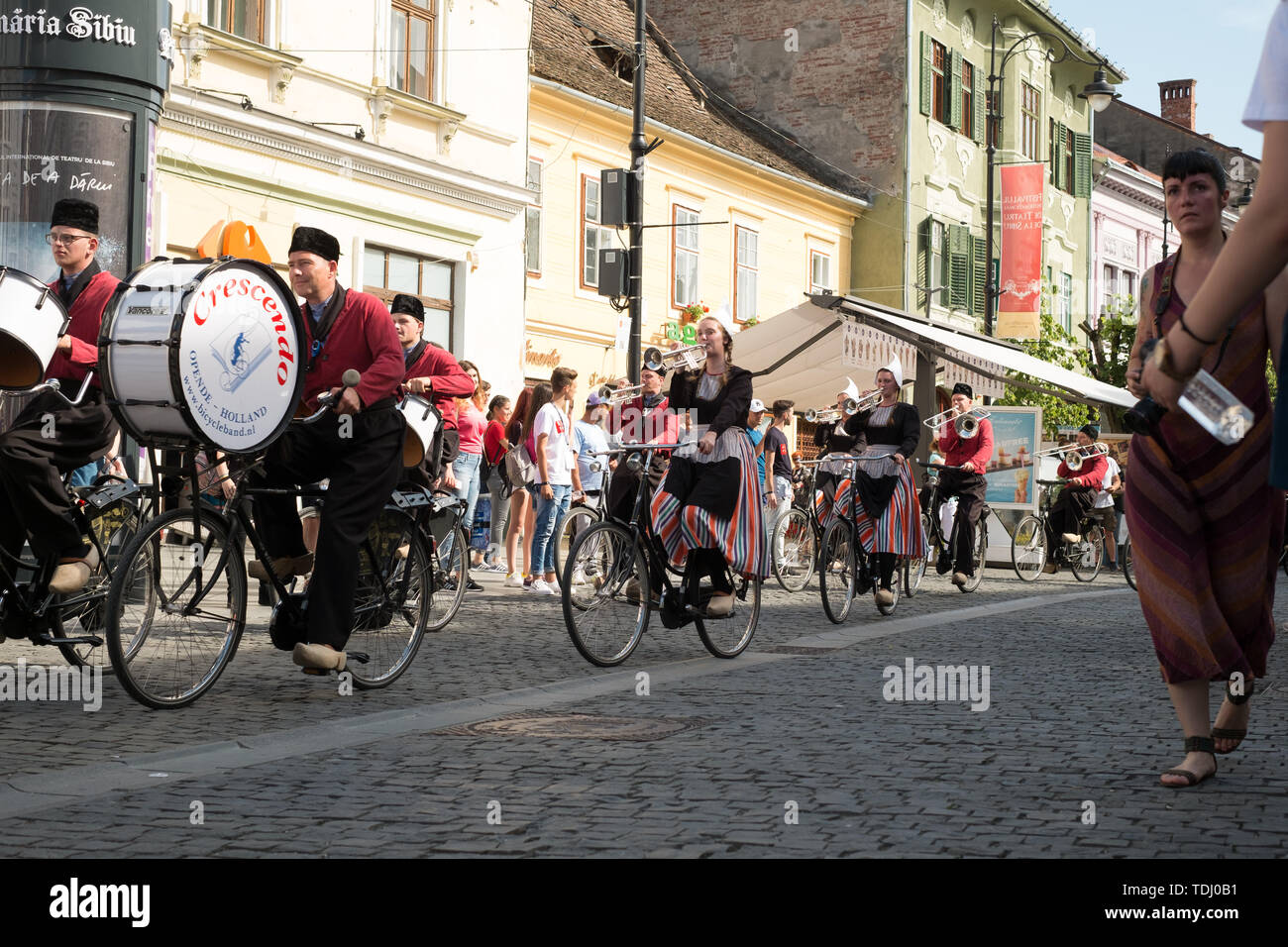Sibiu City, Romania - 14 June 2019. Crescendo Opende Bicycle Band from Netherlands performing at the Sibiu International Theatre Festival from Sibiu,  Stock Photo