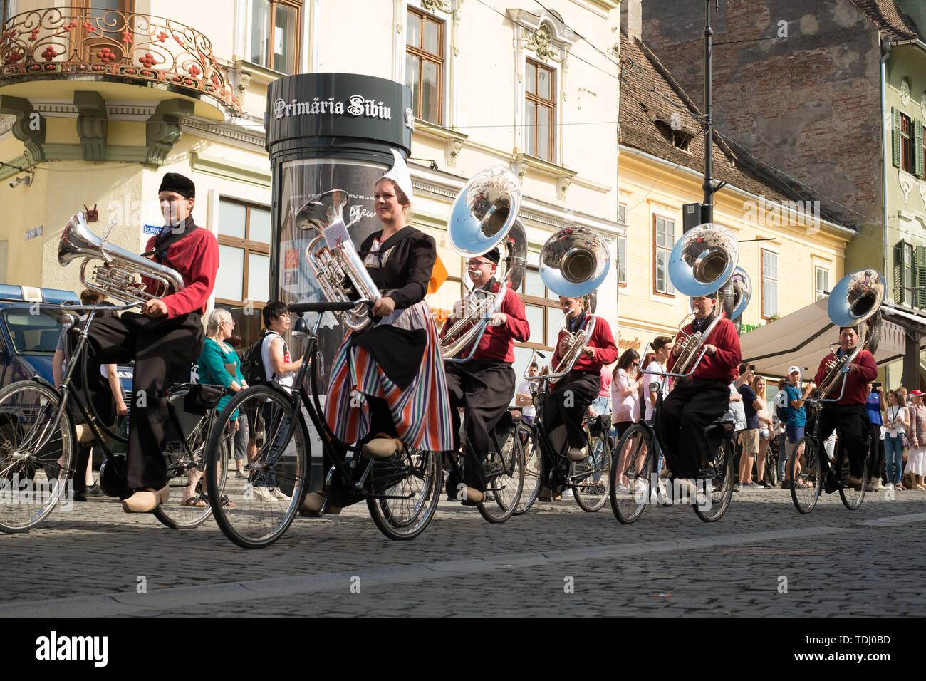 Sibiu City, Romania - 14 June 2019. Crescendo Opende Bicycle Band from Netherlands performing at the Sibiu International Theatre Festival from Sibiu,  Stock Photo