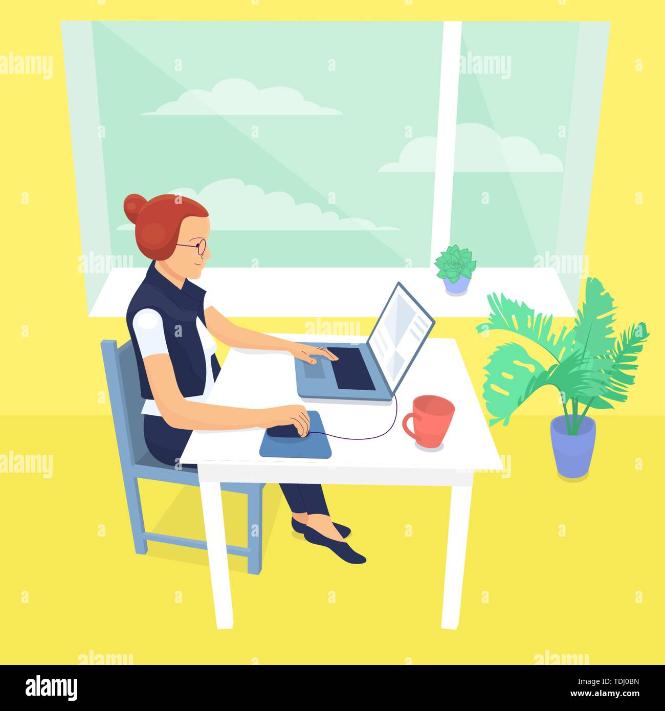 Flat style girl designer is sitting at desk and working with laptop ...